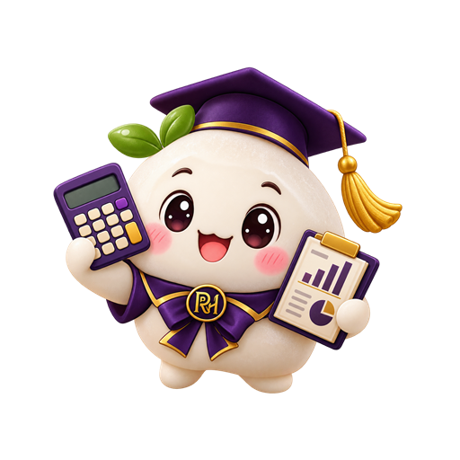 Mochi, maskot E.R.A.C, memakai topi graduasi sambil memegang kalkulator dan papan klip